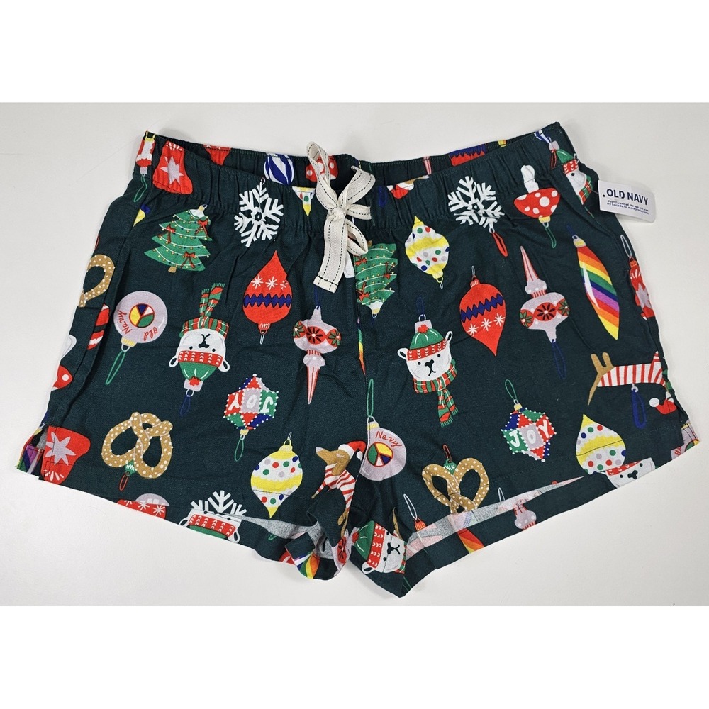Old Navy Flannel Boxer Pajama Shorts Womens Medium Green NWT Polar Bear Ornament